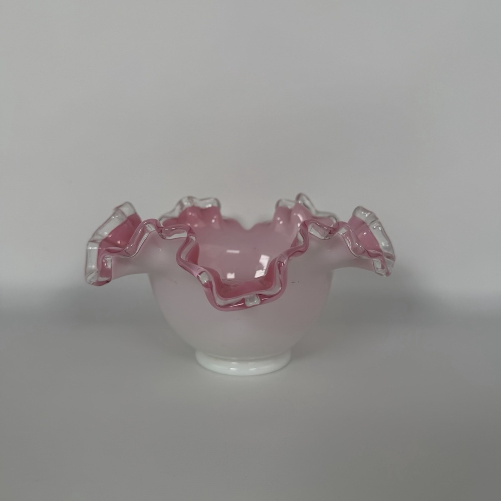 Vintage Fenton Glass Peach Crest Double Crimped Ruffled Bowl Pink Art Glass Vase